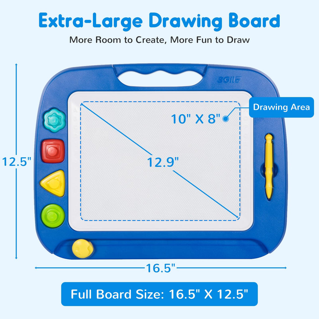 SGILE Magnetic Drawing Board for Kids, Toddler Doodle Toys, Large 16 × 13" | Etch & Sketch Pad with 4 Magnet Stamps, Girls & Boys' Birthday Gift,1-4 Year Old, Learning & Educational, Writing Play, Blue