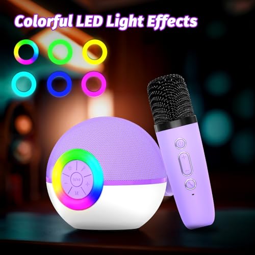 goopow Mini Karaoke Machine Speaker for Kids Adults, Portable Bluetooth Microphone Song Toys with LED Light, Best Chritmas Birthday Festival Gift for 3 4 5 6 7 8+ Year Old Girls Boys (Purple-2MIC)