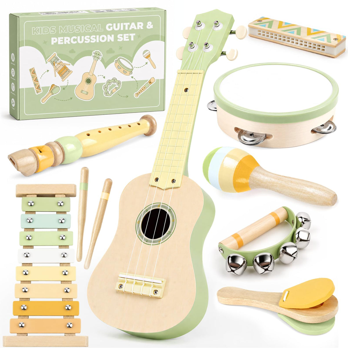 Kids Guitar Set - 8 in 1 Toddler Montessori Musical Instruments | Wooden Baby Ukulele Xylophone Tambourine Maracas Flute, Toy Guitar for Toddler, Mini Guitar Set Toddler Gifts for 2 year