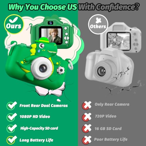 Dinosaur Kids Camera for Boys Girls, Toddler Digital Selfie Camera with Cute Protective Cover and SD Card, Christmas Birthday Gifts Toys for 3 4 5 6 7 8 9 10 11 12 Years Old Little Girls and Boys