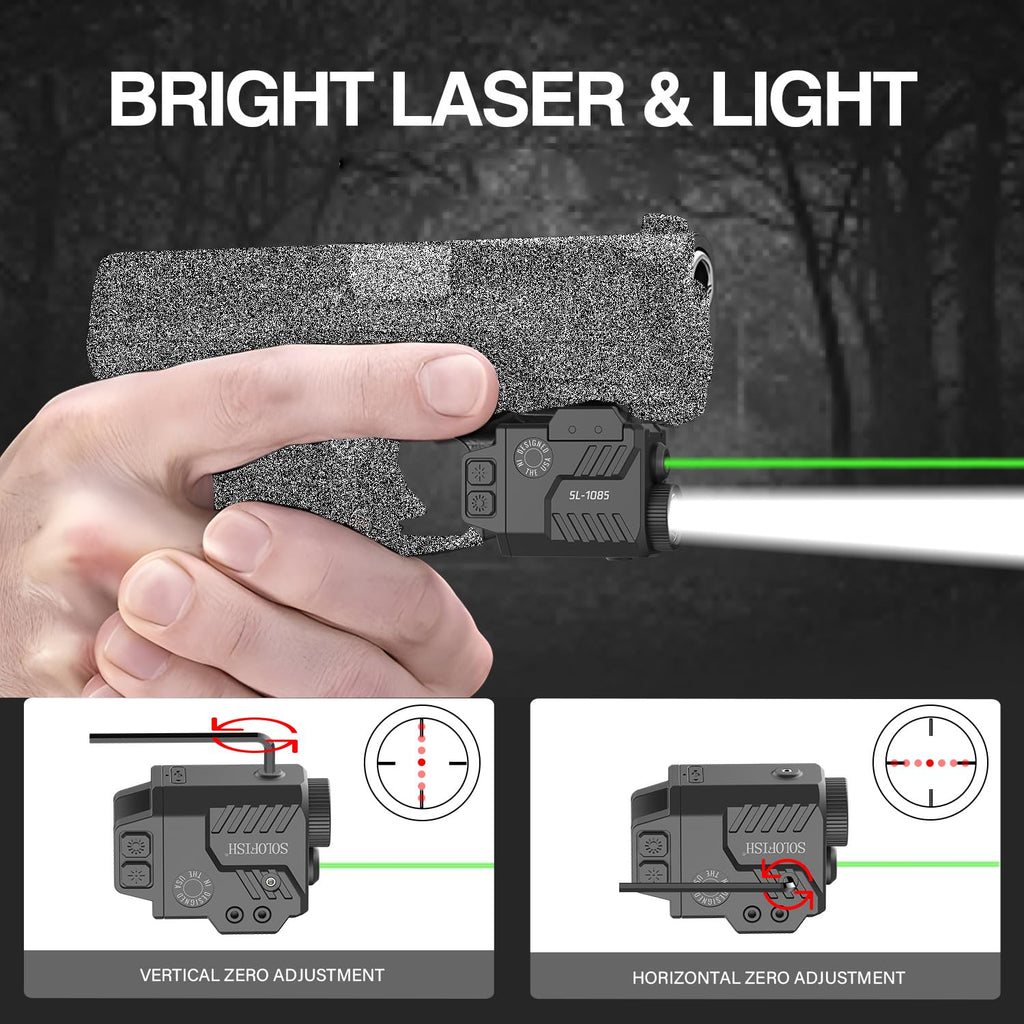Solofish 800 Lumens Pistol Light Laser Combo | Strobe Function for Green Laser and Tactical Light with Adjustable Rail Fits Guns w/ Rail