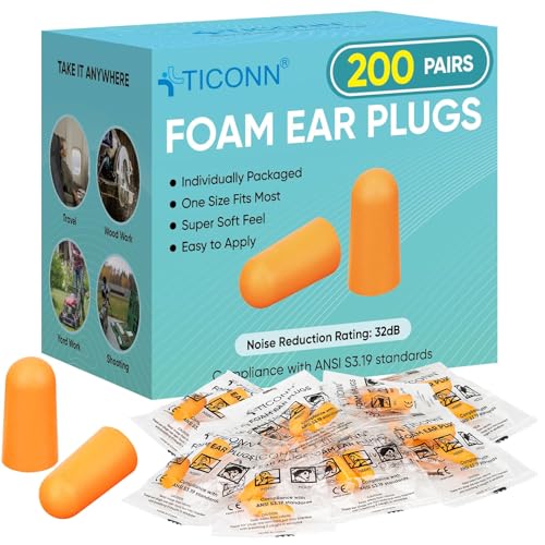 TICONN 200 Pairs Foam Ear Plugs Individually Wrapped, 32dB NRR for Sleep | Hearing Protection, Individually Wrapped, Secure Comfortable Fit, Disposable & Hygienic, for Study, Hunting, Work & Sleep