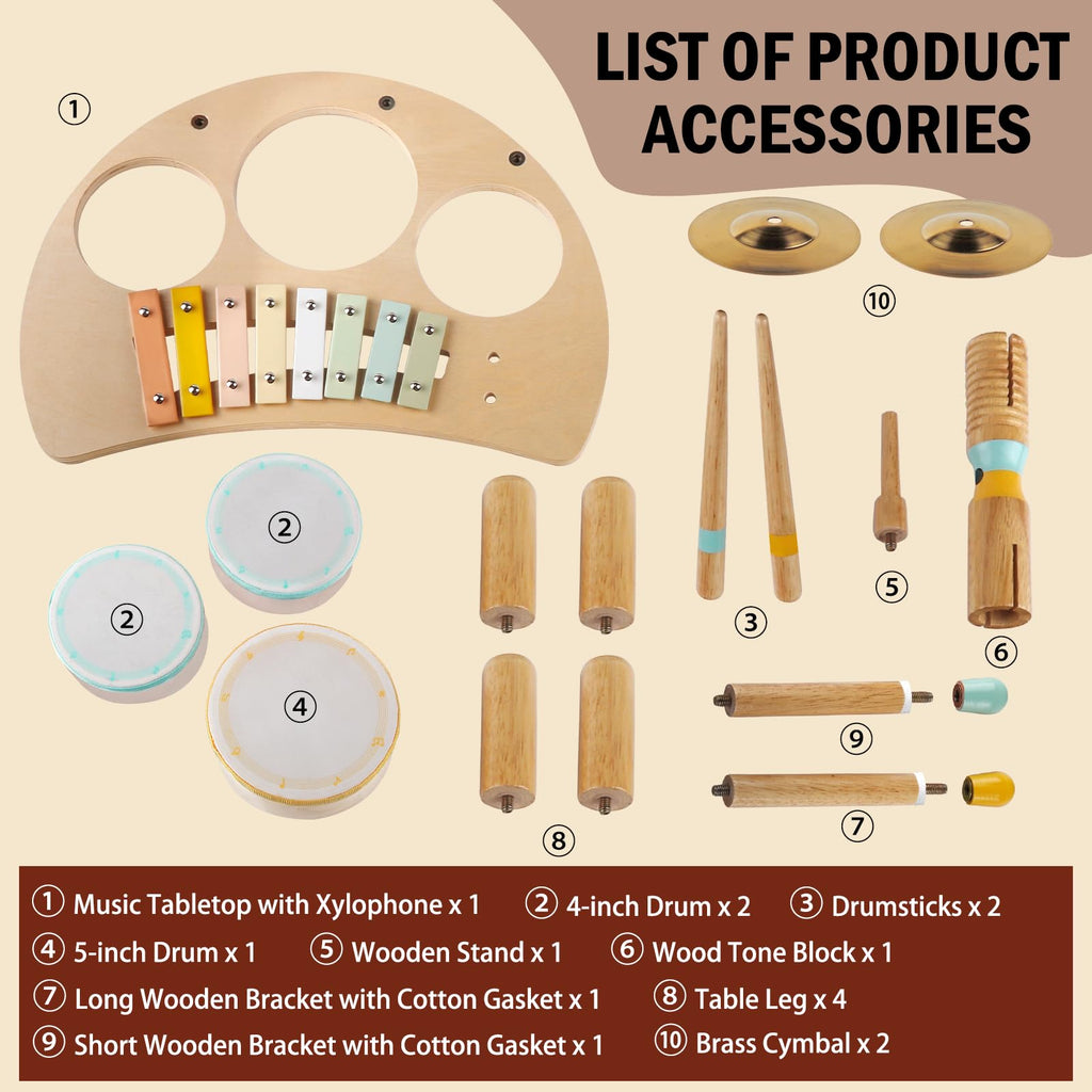 Wooden Drum Set Toys for 2-3 Year Old Montessori Musical Instruments Toy | Drum with Xylophone Birthday Gift for 18+ Months Boys Girls