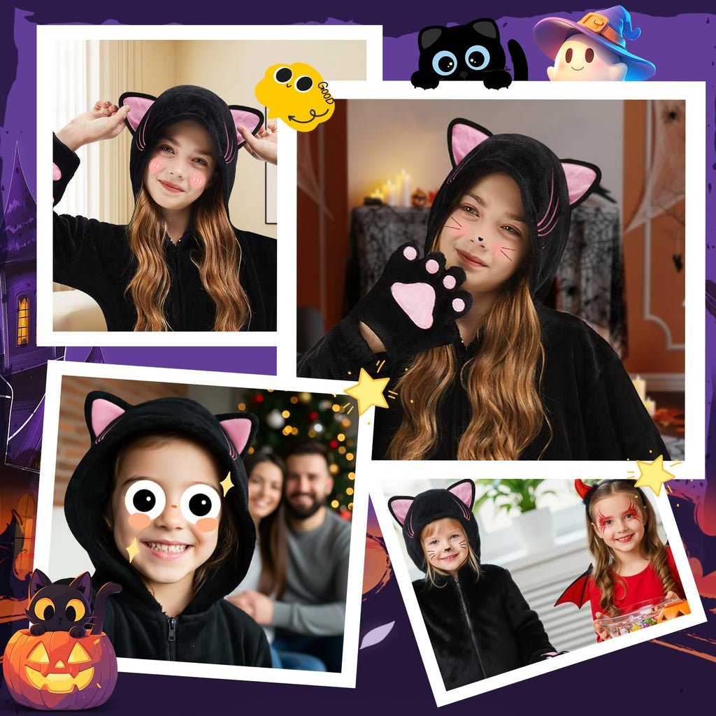 Halloween Cat Costume for Girls - Animal Costume Dress Up Gifts for Kids | Black Cat Halloween Costumes for Kids Age 3-10, Cheetah Costume Onesie, 3D Hood, Gifts for Birthday Party Cosplay, Role Play