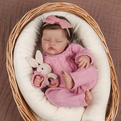 WOOROY Realistic Reborn Baby Dolls Aria, 18-Inch Real Life Newborn Girl | Lifelike Sleeping Doll with Weighted Soft Cloth Body, Hand-rooted Hair, Handmade Gift Toy with Accessories for Kids Age 3+