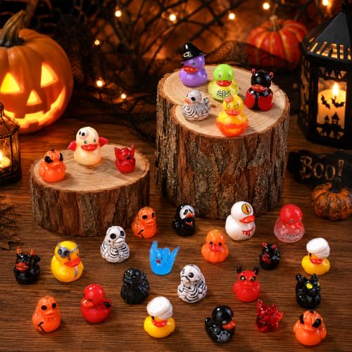 DULEFUN 61Pcs Halloween Mini Resin Duck Figures Halloween Party Favors Gift | Cute Small Little Duckies Statues Bulk Set for Office Desk Tiered Tray Decor Halloween Party Supplies Decoration