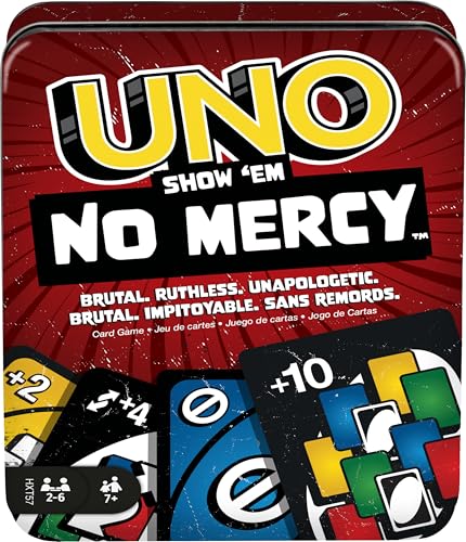 Mattel Games UNO Show ‘em No Mercy Card Game in Storage Tin,Ages 7+ | Extra Cards, Special Rules & Tougher Penalties for Kids, Teens & Family Game Night, 2-6 Players (Amazon Exclusive)
