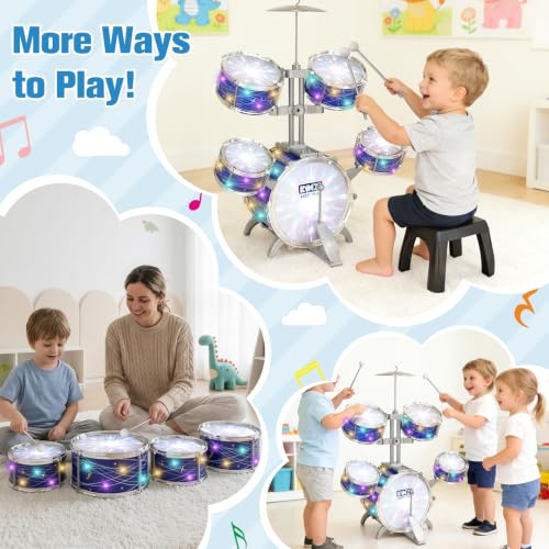 Kids Drum Set for Toddlers 1-3, 5-Piece Light Up Jazz Drum Kit with Stool | Upgraded Jazz Drum Set for Kids, Lights Musical Instrument, Beginner Kit, Birthday Christmas Gift for Boys Girls Ages 3-5 5-7
