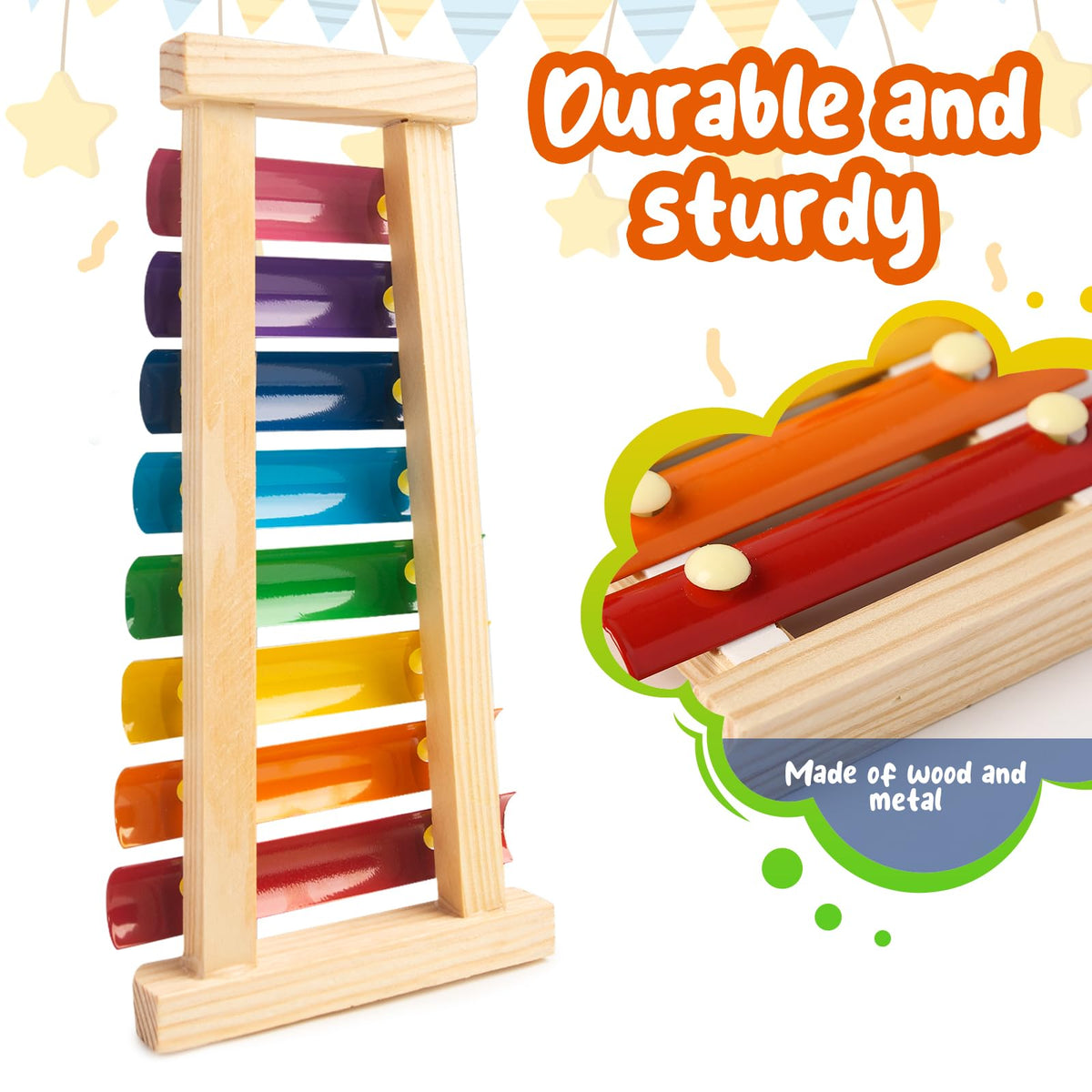 MCPINKY Xylophone for Kids with 2 Mallets, Wooden, Rainbow | Baby Xylophone, Musical Instruments Toy for Toddlers, Birthday Party Favors