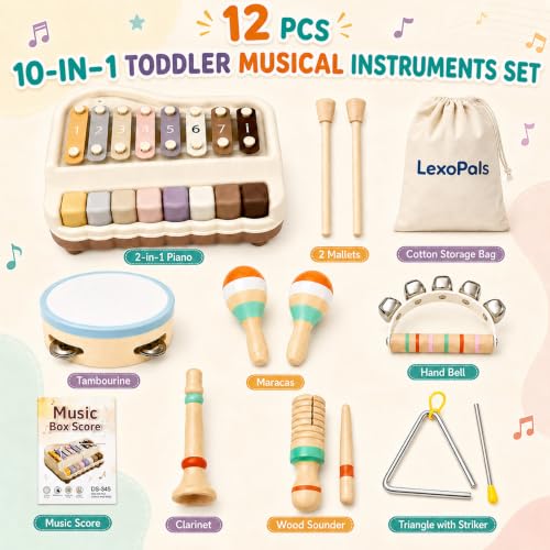 LexoPals Kids'Musical Instruments Set, Montessori Toys for Toddlers | 2-in-1 Piano Xylophone & Wooden Toys Set, Neutral Preschool Educational Percussion Instruments, Birthday Gifts for Kids