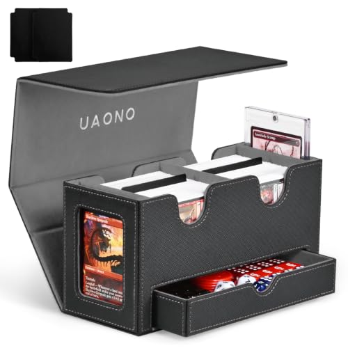 UAONO 3-in-1 MTG Commander Deck Box, Black Gray | 2 Magnetic Card Holders & 1 Dice Tray, Fits 200 Double Sleeved, Card Organizer Compatible with Magic the Gathering