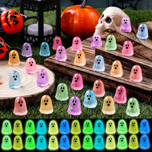 DULEFUN 100pcs Halloween Mini Ghosts Figures, Luminous Small Little Resin Ghost Figurines to Hide Glow in The Dark Tiny Statue for Halloween Party Favors Dollhouse Decorations Toys