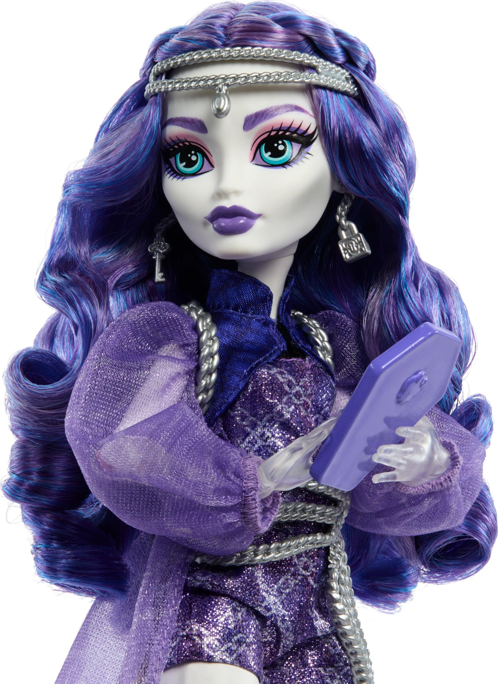 Monster High Spectra Vondergeist Doll | Ghost in Purple Clothes, Includes Pet Ferret Rhuen, 7 Accessories like Backpack, Tablet, Snacks and More