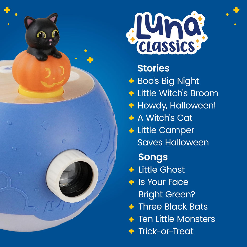 LUNA STORYTIME Halloween Black Cat Figurine Cartridge – Projects 5 Halloween Stories and 5 Fun, Spooky Songs, Over 30 Minutes of Audio Content | Gift and Toy for Ages 3+