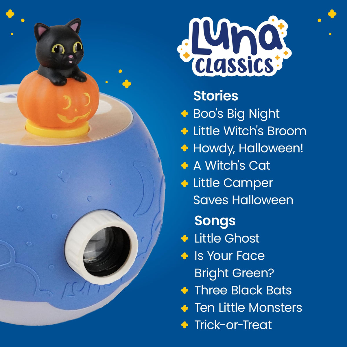 LUNA STORYTIME Halloween Black Cat Figurine Cartridge – Projects 5 Halloween Stories and 5 Fun, Spooky Songs, Over 30 Minutes of Audio Content | Gift and Toy for Ages 3+