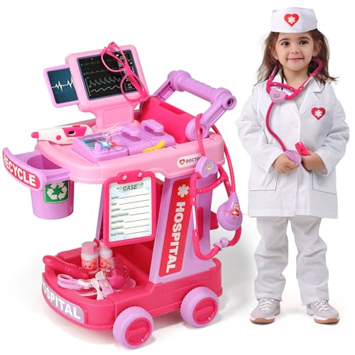 Liberry Toddlers Doctor Kit Toy for Girls Boys Ages 2 3 4 5, Pink | Kids Doctor Playset with Cart, Costume & Stethoscope, Role Play, Pretend Play Medical Toys, Birthday Gift