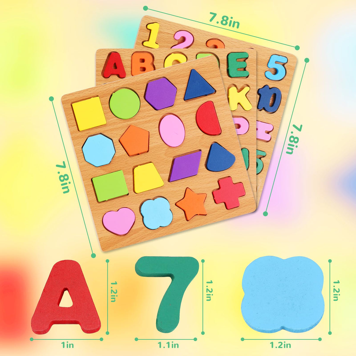 Wooden Puzzles for Kids Ages 3-5, 3 Pack ABC Number and Shape Learning Toys | 3 wooden puzzle board with ABC letters, numbers and colorful shapes for preschool learning, matching and fine motor skills