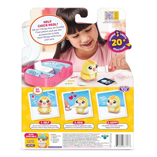 Little Live Pets Ouchies Vet Kit, Chirpy the Chick, Baby Chick Toys | Portable vet case with sticker bandages, glowing cheeks, and 20+ sounds, lights, and reactions, chicken toys