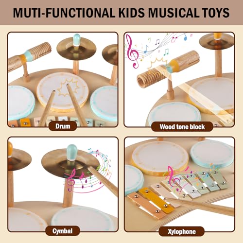 Wooden Drum Set Toys for 2-3 Year Old Montessori Musical Instruments Toy | Drum with Xylophone Birthday Gift for 18+ Months Boys Girls