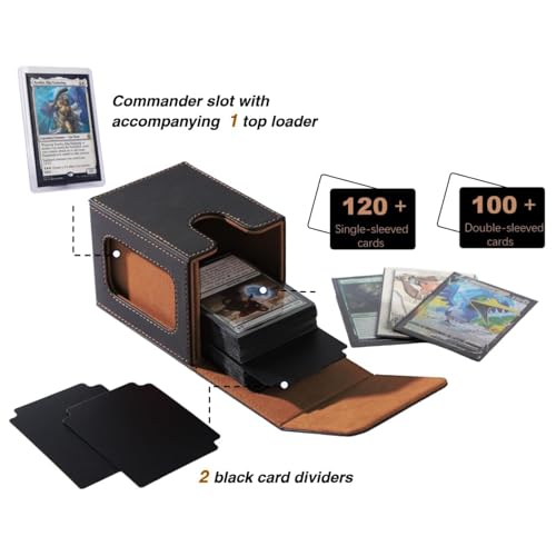 Venssu MTG Deck Box with Commander Display, Fits TCG Cards (Black＆Brown) | Holds 120 Single/100 Double-Sleeved Cards, Fit MTG/PTCG/OPTCG Cards, Strong Magnet, PU Leather, With 2 Dividers & 1 Toploader