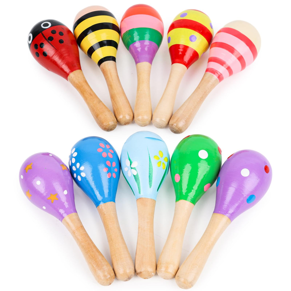 POPLAY 10PCS Mini Wooden Maracas, Maracas for Toddler Musical Instruments Wooden Shakers Baby Musical Toys Infant Learning Toys