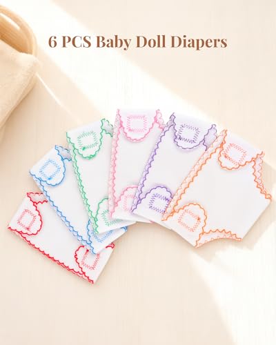 BABESIDE Baby Doll Diapers, 6 Reusable Diapers for 12-15 Inch Baby Dolls | Washable Baby Doll Accessories for Diaper Changing Pretend Play, Doll Diaper Set for Ages 3+