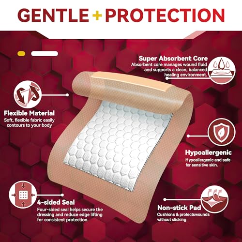 FRESINIDER Silicone Foam Dressing with Adhesive Border – Wound Dressing Bandage – Silicone Foam Pad – Pack of 10 – 4 x 4 Inches Large Waterproof Bandages – Self Adhesive Wound Care and Dressings