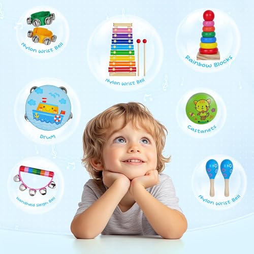 Childom Wooden Musical Instruments Set, Preschool Percussion Instrument Kit | Educational Music Learning Toy Set, Christmas Birthday Gift for Boys and Girls Ages 3 and Up, Includes Xylophone,Bells & Drum