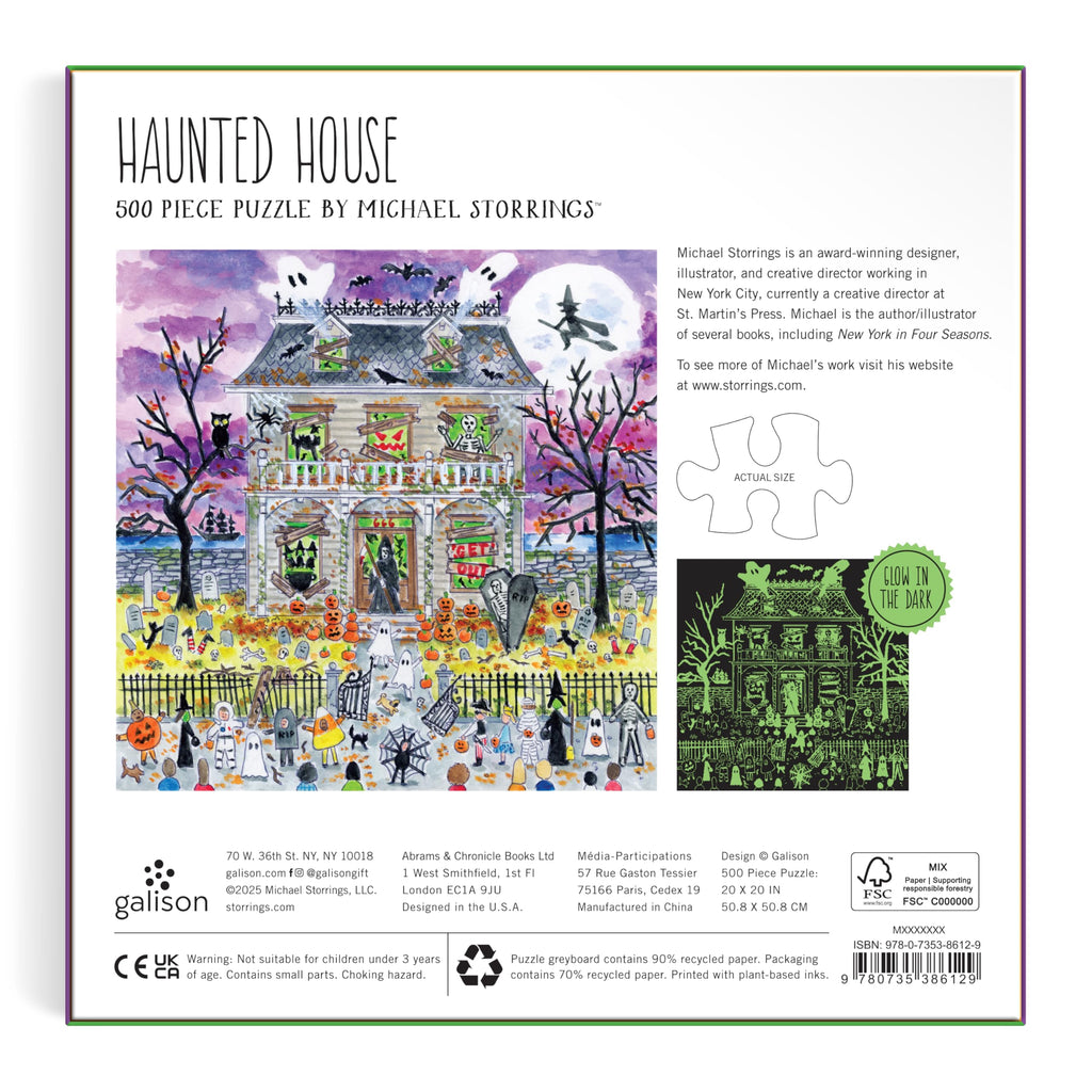 Galison Haunted House – 500 Piece Glow in The Dark Jigsaw Puzzle Featuring Spooky Artwork of A Haunted House