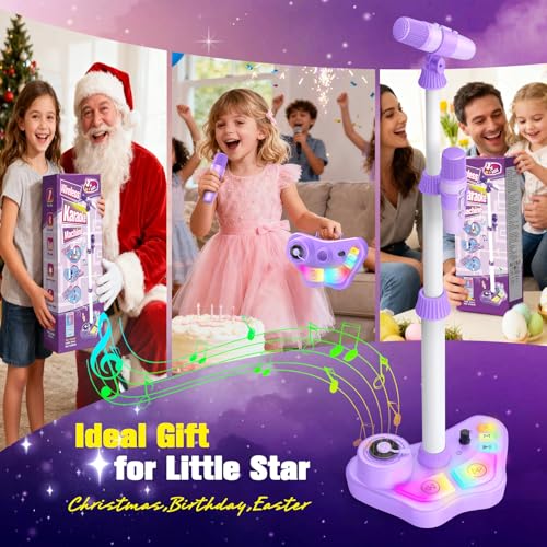 Stand Karaoke Machine for Kids, Christmas Singing Toys Gifts for 3 4 5 6 7 8 Year Old Girls Boys, Rechargeable Kid Microphone Bluetooth Speaker with 2 Mic for Girl Age 4-6 Toddler Birthday Party Toy