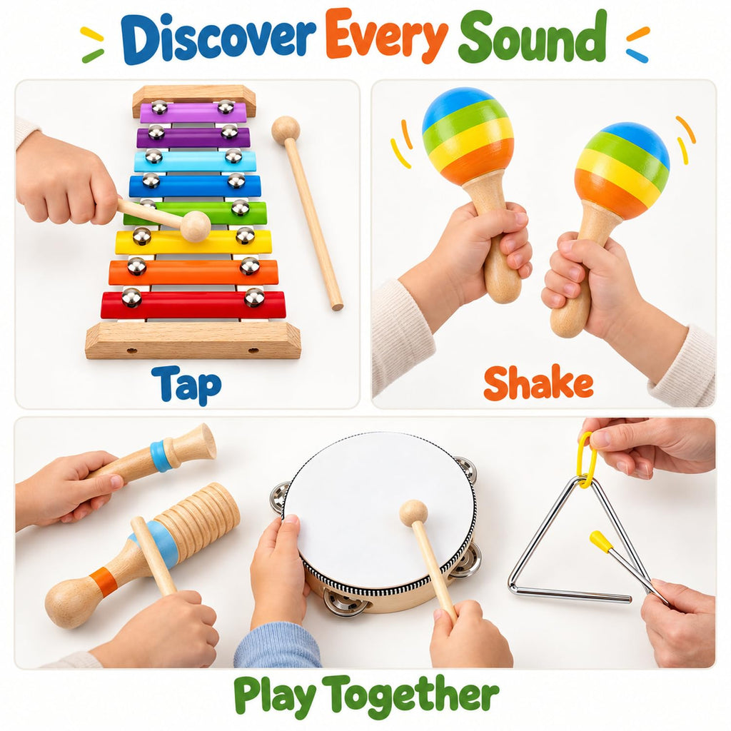 Montessori Wooden Musical Instruments Toys for Kids,Educational Drum Set for Kids with Xylophone & Maracas and More,Preschool Music Toys for Boys and Girls,Christmas Birthday Gift