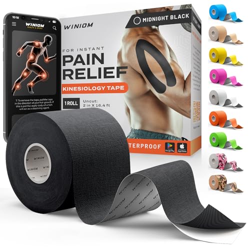 Winiom Kinesiology Tape - Waterproof Athletic Tape, Uncut Roll 2"x16.4ft | Midnight Black, 3-5 Day Adhesion, Hypoallergenic and Latex-Free for Knee, Shoulder, Arm and Back Support + Taping Guide