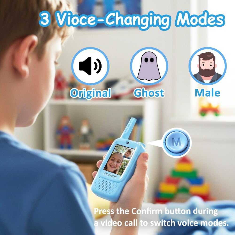Upgraded Kids Video Walkie Talkies 2 Pack, Rechargeable Long Range Walkie Talkies for Kids, Video Intercom with Voice-Changing, Photo Sharing, Voice Chat, Emoji Messaging Modes