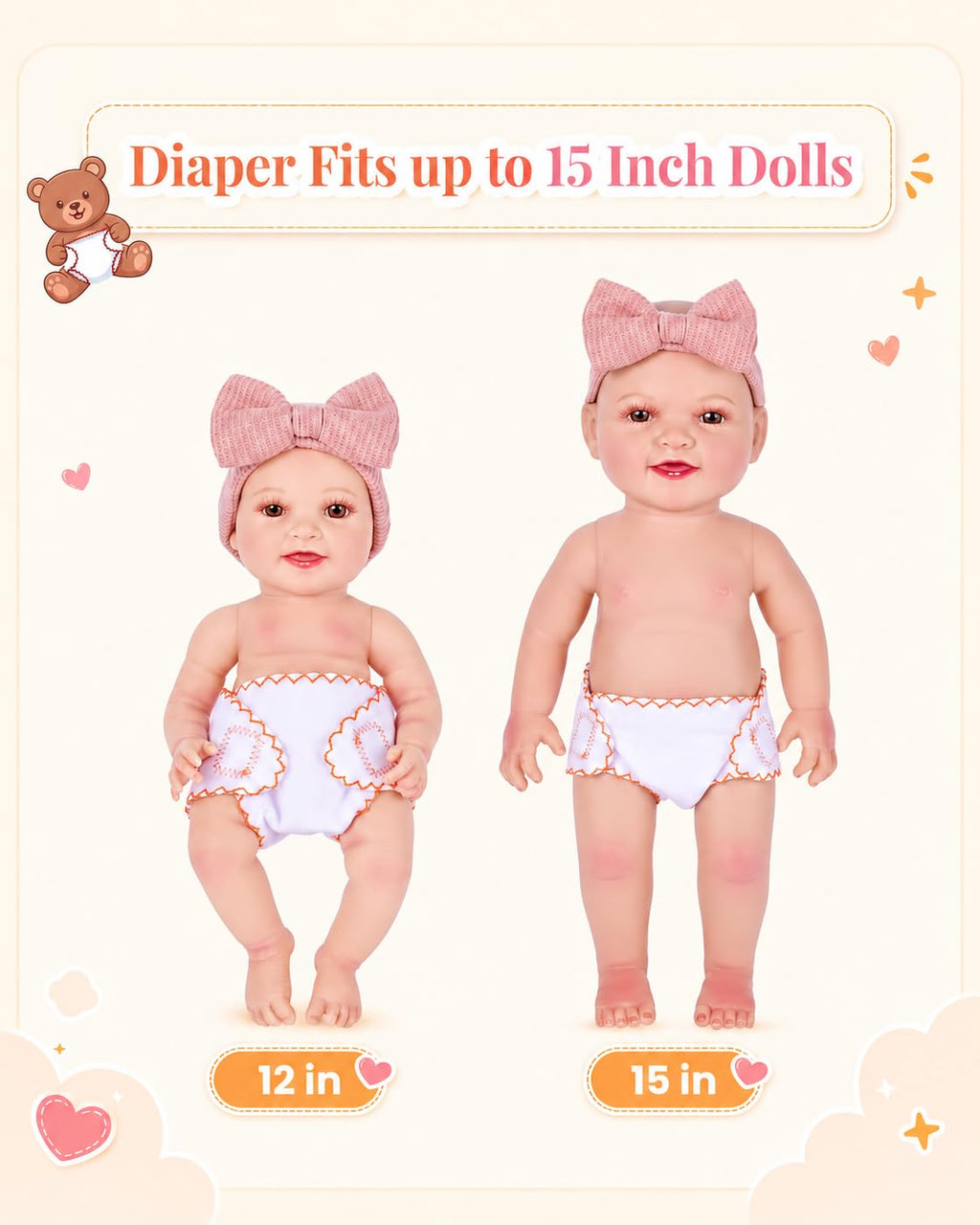 BABESIDE Baby Doll Diapers, 6 Reusable Diapers for 12-15 Inch Baby Dolls | Washable Baby Doll Accessories for Diaper Changing Pretend Play, Doll Diaper Set for Ages 3+