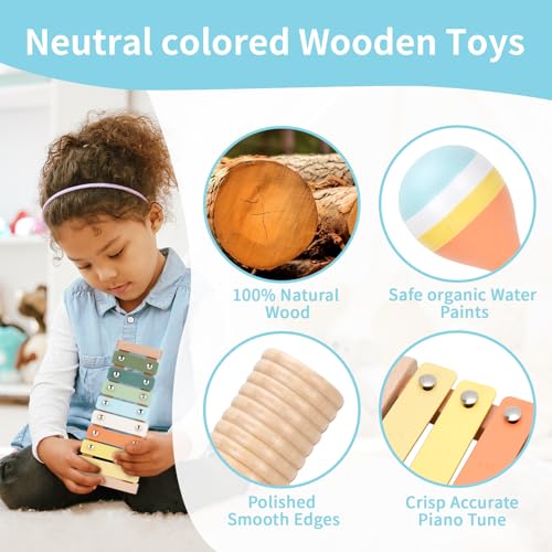 Kids Musical Instruments Set Wooden Montessori Toys for Boys and Girls | musical toy for kids 18 month+, xylophone tambourine set for kids preschool educational, Christmas birthday gift