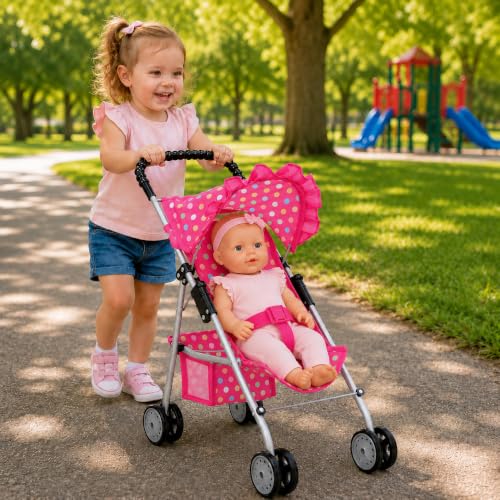 My First Baby Doll Stroller for Kids – Foldable Toy Stroller for 18 Inch Dolls with Storage Basket, Double Wheels & Canopy – Pretend Play Toy Stroller