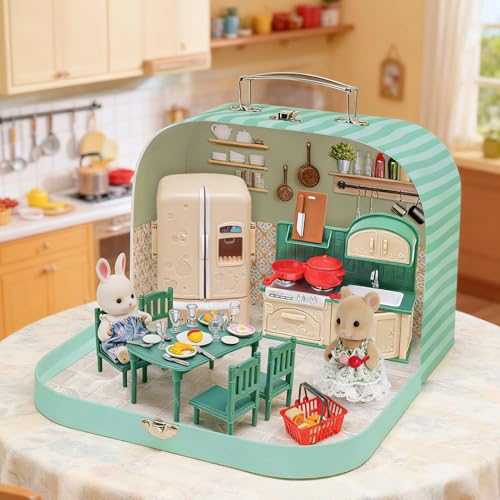 Dollhouse Kitchen Furniture Suitcase Set for Kids, 2 Flexible Dolls/Dining Tble/Kitchenware/Tableware/Refrigerator/Bread, Pretend Play Dollhouse Accessories Christmas Birthday Gift for Girls Ages 3+