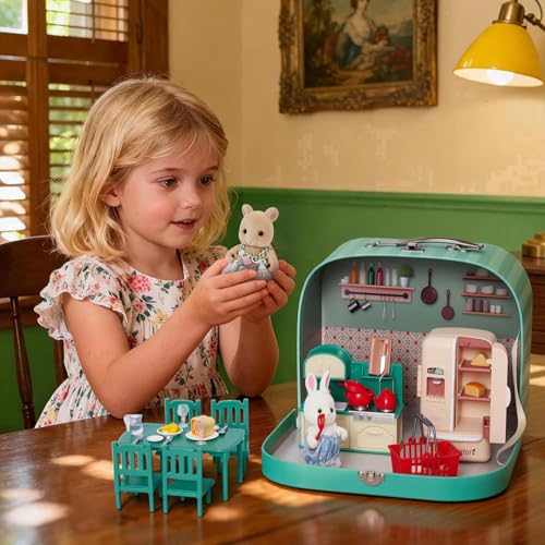 Dollhouse Kitchen Furniture Suitcase Set for Kids, 2 Flexible Dolls/Dining Tble/Kitchenware/Tableware/Refrigerator/Bread, Pretend Play Dollhouse Accessories Christmas Birthday Gift for Girls Ages 3+