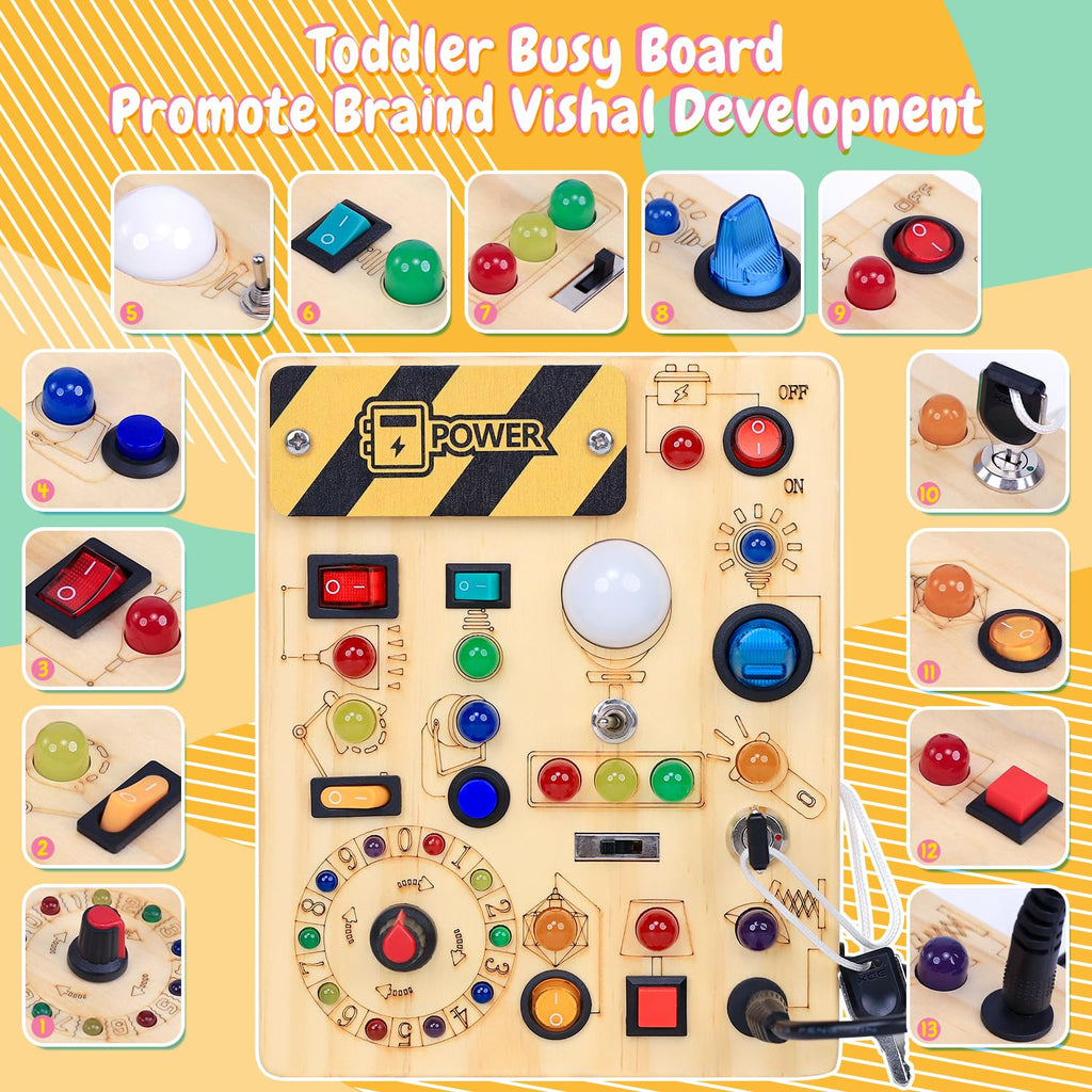 Busy Board with LED Light Switches, Montessori Toys for 1 2 3 Years Old, Toddlers Wooden Toy Sensory Activity Board, Travel Toys for 1+ Year Old Boy & Girl Birthday Gift