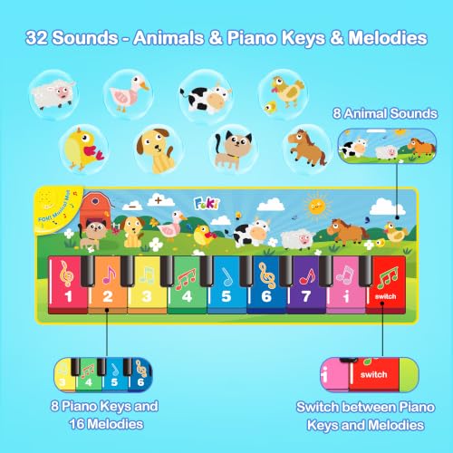 FOKI Floor Piano Mat, Baby & Toddler Toys for 1-3 Year Old Boys & Girls | Sensory Musical Toy with 5 Modes, Dual Volume Controls and 8 Music Cards, Gift-Ready for Birthdays and Christmas
