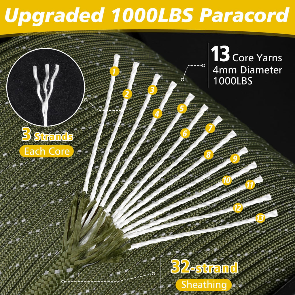 X XBEN Paracord Reflective 1000lb, 50/100/200/500/1000ft 4mm, 13 Strand Paracord Rope, Tactical Parachute Cord for Camping, Fishing, Clothesline, Hammock, Tent & Survival Bracelet, Army Green