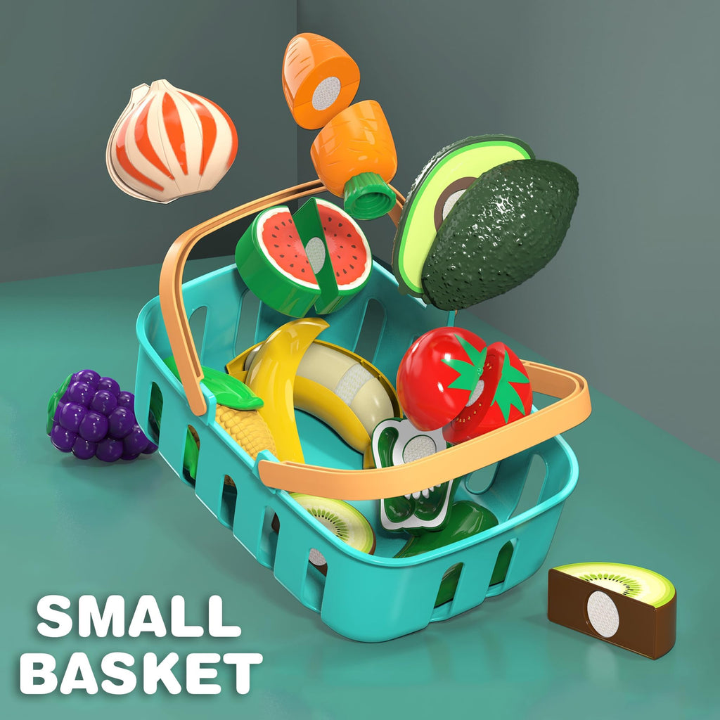 Cutting Play Food Toys for Kid, Pretend Play Kitchen Accessories, Fake Food | Shopping Storage Basket, Cutting Fruits/Vegetables, Plastic Board and Knife, Birthday Gifts/Educational Toy for Children