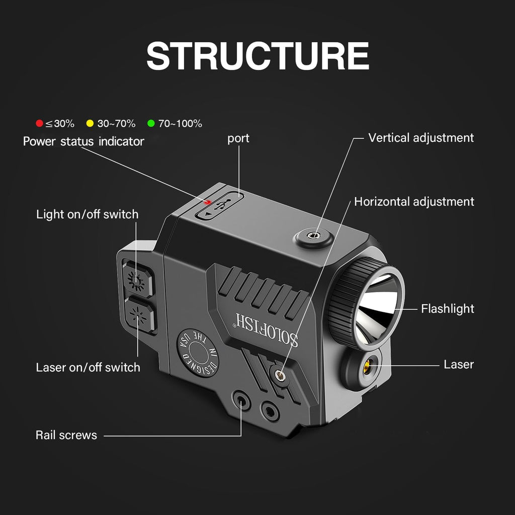 Solofish 800 Lumens Pistol Light Laser Combo | Strobe Function for Green Laser and Tactical Light with Adjustable Rail Fits Guns w/ Rail
