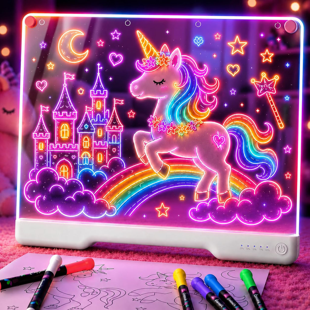 Geokay 16" Rechargeable LED Drawing Board with 9-Color Light Effects | Birthday & Christmas Gift Idea for Girls/Boys/Kids/Teens, Doodle Neon Glow Pad with Built-in Stand Tracing Book & 7 Markers