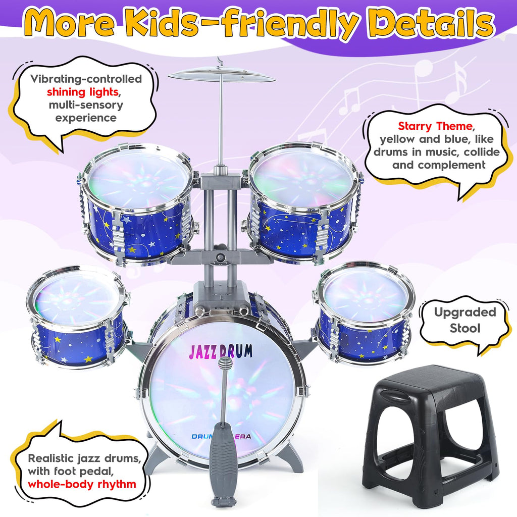 LinseyFun Upgraded Kids Drum Set for Toddlers 3-5, Light-up Jazz Drum Toy | Upgraded Kids Drum Set for Toddlers 3-5, Jazz Ages 4-6, Star Light up Musical Instrument Toy for Boys Girls 5-7 (All Plastic)