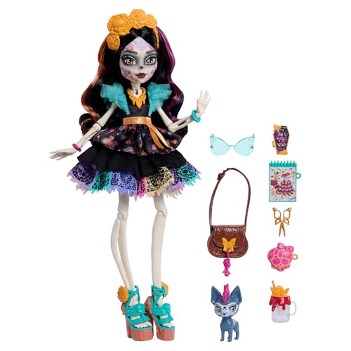 Monster High Skelita Calaveras Doll | Skeleton in Colorful Papel Picado Dress with Pet Dog Candelita & 7 Accessories like Sketch Book, Snack & Messenger Bag