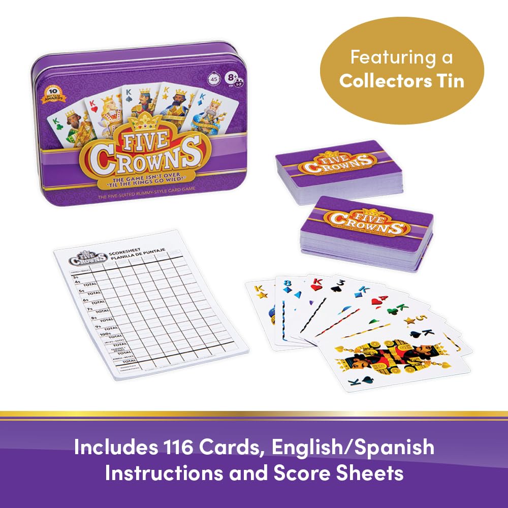 Five Crowns Collectible Tin – Card Game for Kids and Adults, Family Game Night, The Game isn’t Over Until the Kings Go Wild, 5 Suited Rummy Style Card Game, 1-7 Players, Ages 8+