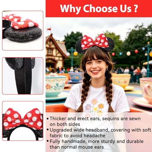 UNSPAZ Mouse Ears Headbands, Sequin Mouse Ears for Women Girls Boys, Shiny Bow Headband for Cosplay Costume Party Decorations Hair Accessories (Polka Dots)