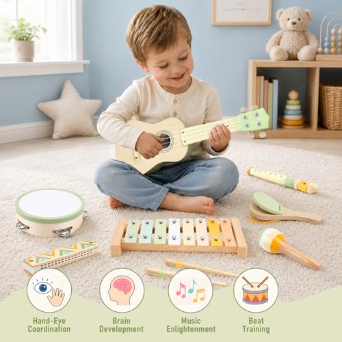 Kids Guitar Set - 8 in 1 Toddler Montessori Musical Instruments | Wooden Baby Ukulele Xylophone Tambourine Maracas Flute, Toy Guitar for Toddler, Mini Guitar Set Toddler Gifts for 2 year