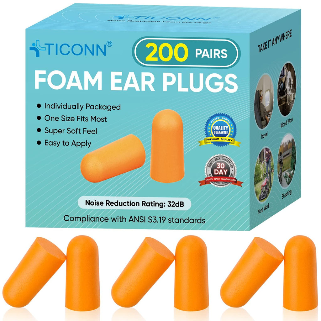 TICONN 200 Pairs Foam Ear Plugs Individually Wrapped, 32dB NRR for Sleep | Hearing Protection, Individually Wrapped, Secure Comfortable Fit, Disposable & Hygienic, for Study, Hunting, Work & Sleep